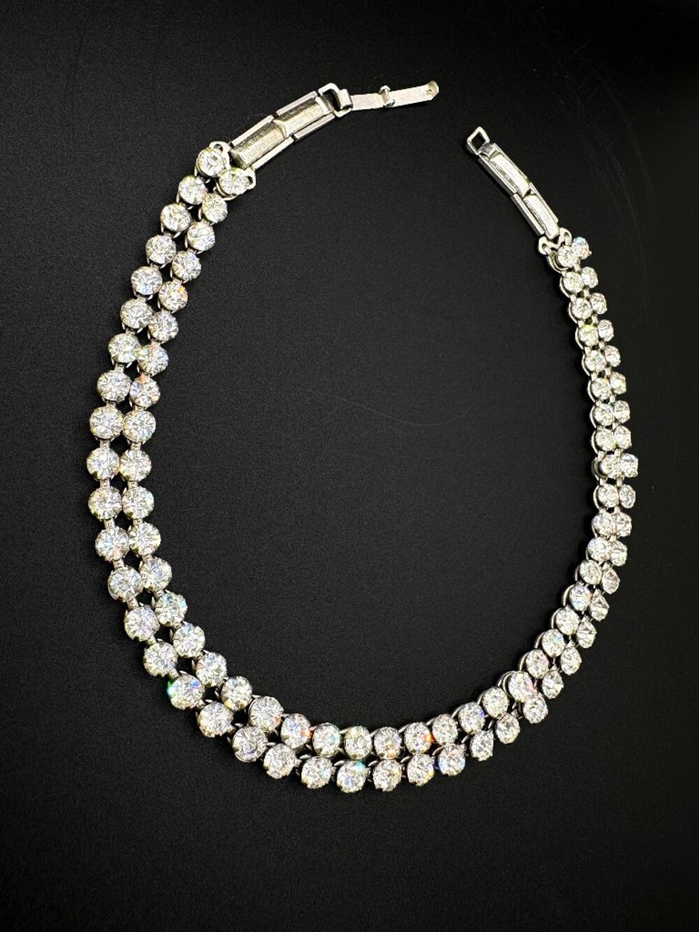 Vintage Rhinestone Choker Necklace Double Row Crystal Silver Tone Bridal